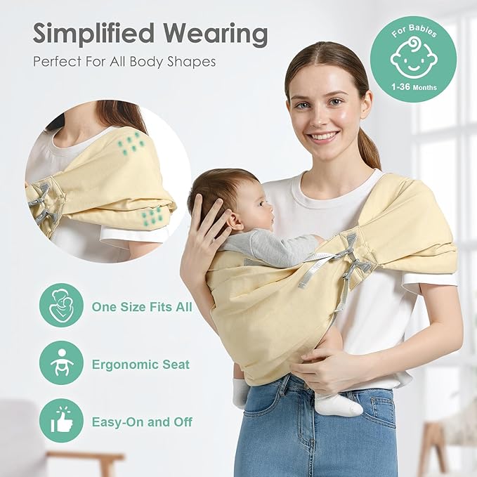 Baby Sling Carrier, Toddler Sling Carrier with Wide Shoulder Strap, Lightweight Baby Carriers Newborn to Toddler Infant Wrap Carriers Perfect for Mom and Dad, 7-30lbs, Cream