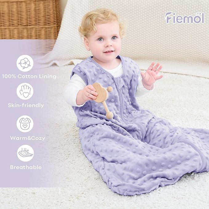 FIEMOL Fleece Baby Sleep Sack 0-6 Months, 1.5 TOG Cotton Baby Wearable Blanket With Soft Plush Dots, 2 Pack Newborn and Infant Warm Sleeping Sack with 2-Way Zipper Pink&Purple
