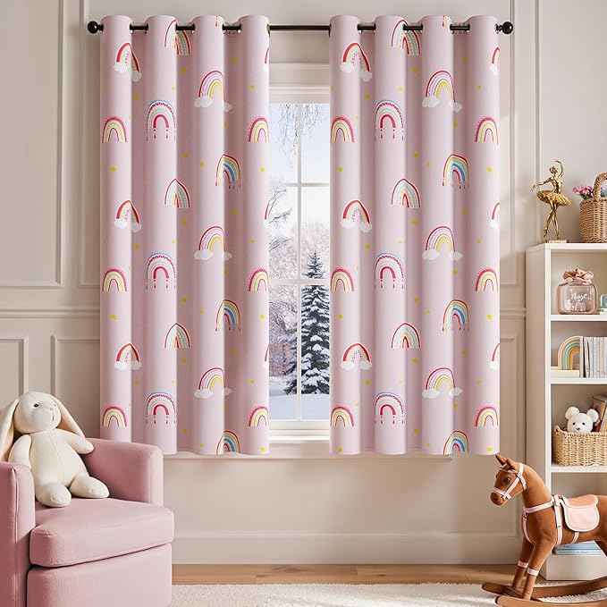 jinchan Nursery Blackout Curtains for Kids Room Rainbow Pink Curtains Cute Girls Bedroom Dorm Playroom Window Treatment Grommet Thermal Insulated Room Darkening 2 Panels 63 Inch Length