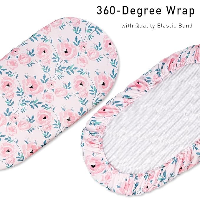 Gllquen Baby Bassinet Sheets Set 2-Pack, Breathable Cozy Bassinet Fitted Sheet Universal Fit Standard Mattress Oval Rectangle Cradle Baby Sheets for Baby Boy Girls Unisex 32"x16" (Pink Flower)
