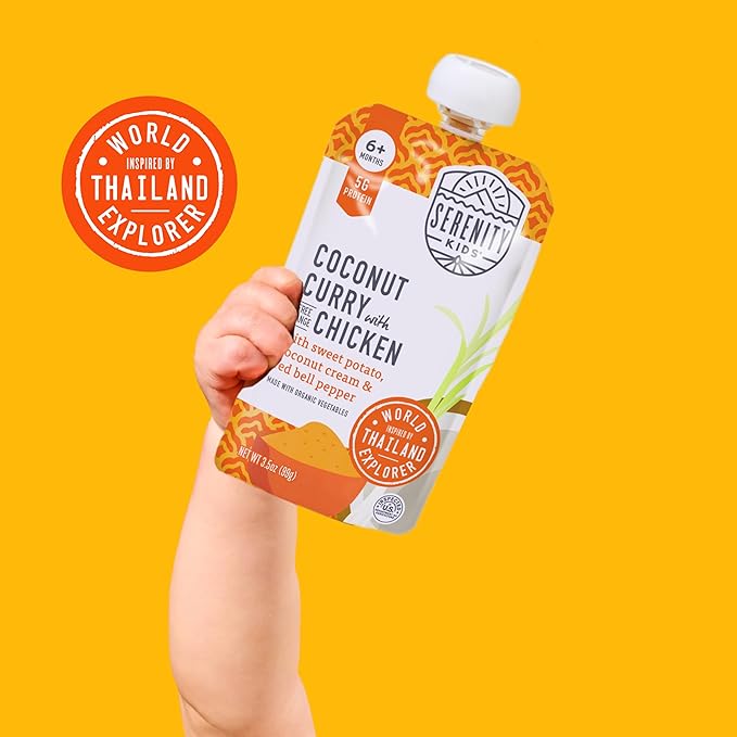 Serenity Kids 6+ Months World Explorers Baby Food Pouches Puree Made With Ethically Sourced Meats & Organic Veggies | 3.5 Ounce BPA-Free Pouch | Chicken Coconut Curry | 1 Count