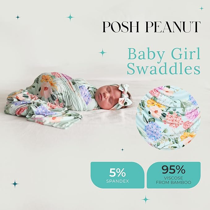 Posh Peanut Swaddle Blanket & Headband Set – Viscose from Bamboo Stretchy Baby Swaddle for Newborn Girls, Receiving Blanket or Nursing Cover (Erin)