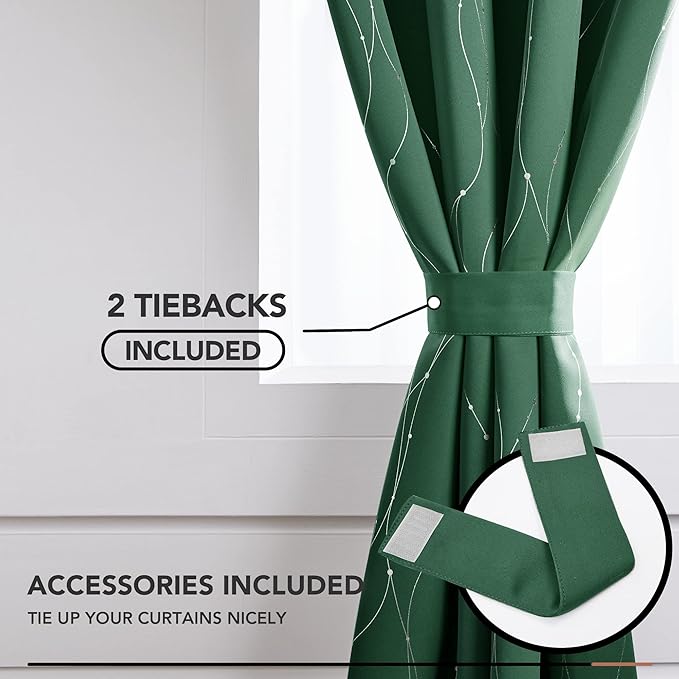 Deconovo Green Curtains, Christmas Blackout Drapes, Thermal Insulated Soundproof Drape, Wave Line Dot Foil Print, 52 x 63 Inch, 2 Panels, Machine‑Washable Window Panel for Living Room Kitchen Nursery