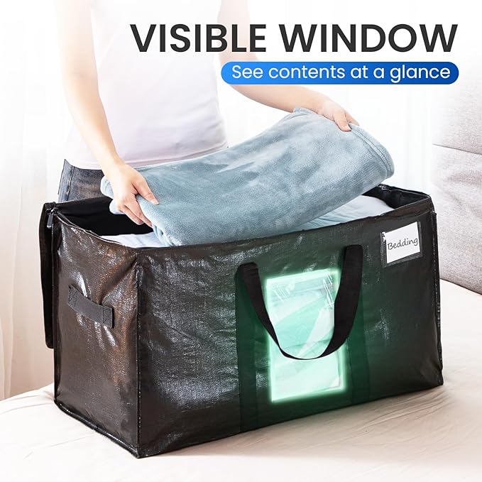 TAILI Extra Large Moving Bags, 2 Pack Black Heavy Duty Totes for Storage with Visible Window, Wrap Around Handles, Storage Bags for Space Saving, Alternative to Moving Boxes