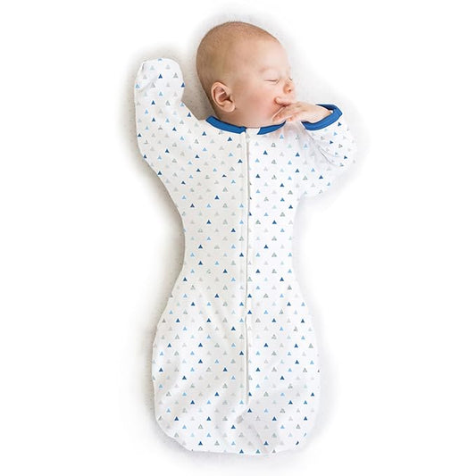 SwaddleDesigns Transitional Swaddle Sack, Arms Up Half-Length Sleeves & Mitten Cuffs, Swaddle for Newborn Transition to Baby Sleep Sack Wearable Blanket, Med, 3-6 Month, 14-21 lb, Blue Tiny Triangles