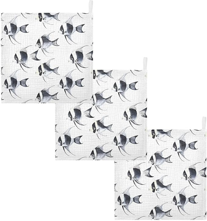 vvfelixl Baby Muslin Washcloths Black and White Angelfish Baby Burp Cloths Cotton Babys Face Towel for Newborn Infants Boys Girls Soft and Absorbent 11.8 X 11.8 in, 3 Pack