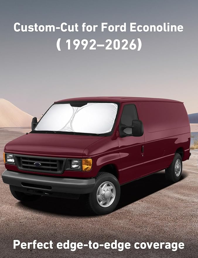 Econour Windshield Sun Shade for Ford Econoline 1992–2023 2024 2025 2026, Car Windshield Sun Shade & Reflective UV & Heat Blocker, Foldable Sun Visor for Front Windshield, Car Accessories