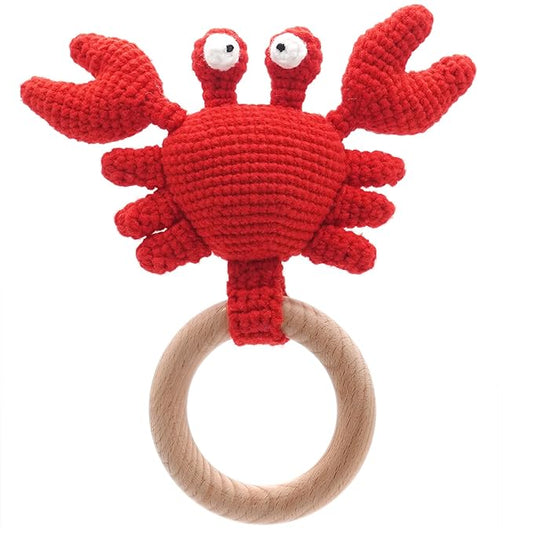 DICHA Wood Baby Rattle-Crochet Baby Rattle- Infant Rattle Sensory Development Wooden Toys Set-Includes Beech Wooden Teething Ring-Crab