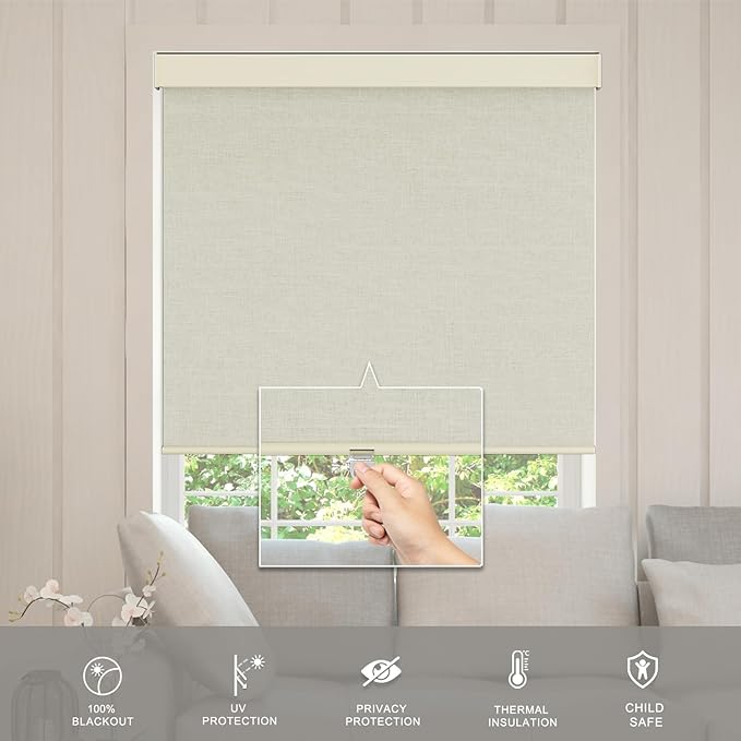Blackout Roller Shades Blinds for Windows, Free-Stop Cordless Roller Shades with Valance, Thermal Insulated Fabric Window Blinds UV Protection for Home, Bedroom, Beige, 64.5" W x 72" H
