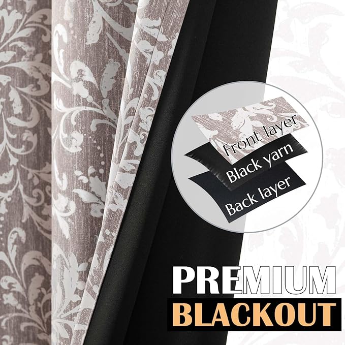 jinchan Blackout Curtains for Bedroom, Taupe Grey Scroll Floral Patterned Curtains 72 Inch Length for Living Room, Vintage Art Deco Drapes, Thermal Insulated Window Curtains Grommet 2 Panels