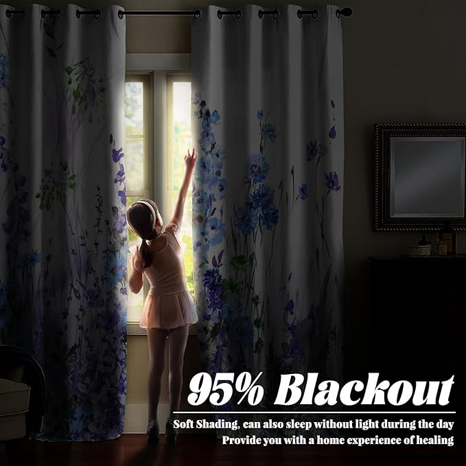 Renaiss Purples Blue Floral Print Blackout Curtains, Pastel Wild Flowers Thermal Insulated Bedroom Window Curtains, Spring Floral Art Window Curtains for Kitchen, 45" L x 29" W 2 Panel Set