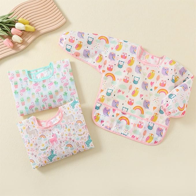 HaimoBurg 3 Pcs Waterproof Long Sleeves Baby Bibs Weaning Smock Bib 3-24 Months