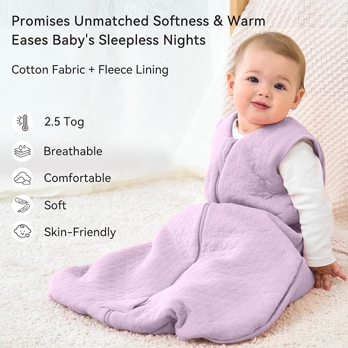 Unnivoll Baby Sleep Sack 12-18 Months TOG 2.5 Winter Baby Wearable Blanket, 100% Cotton Fabric Newborn Infant Sleeping Sack 2-Way Zipper Quilted Baby Sleep Bag, Warm Soft Purple