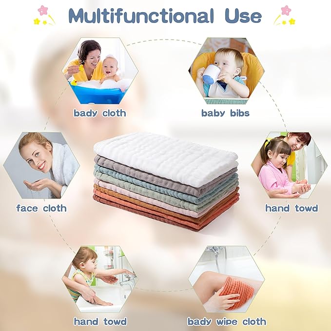 8 Packs Muslin Burp Cloths Large 20" x 10", 6 Layers Unisex Baby Absorbent 100% Cotton Burp Rags Colorful Muslin Washcloths for Baby Plain Soft Cotton Cloth for Babies Girls Boys(Classic Colors)