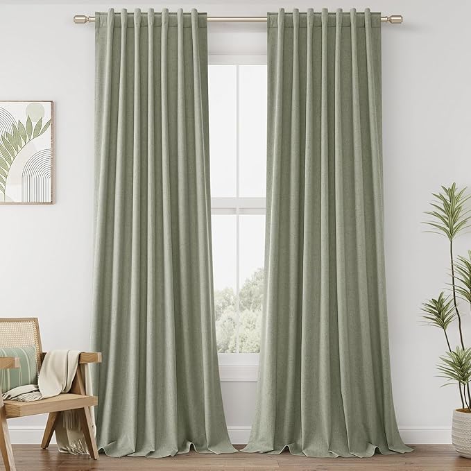 Guken Sage Green 100% Blackout Curtains 126 Inch Length 2 Panels Set for Living Room Bedroom Back Tab Thermal Insulated Black Out Linen Drapes Room Darkening Window Curtains 52x126