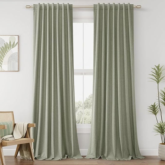 Guken Sage Green 100% Blackout Curtains 126 Inch Length 2 Panels Set for Living Room Bedroom Back Tab Thermal Insulated Black Out Linen Drapes Room Darkening Window Curtains 52x126