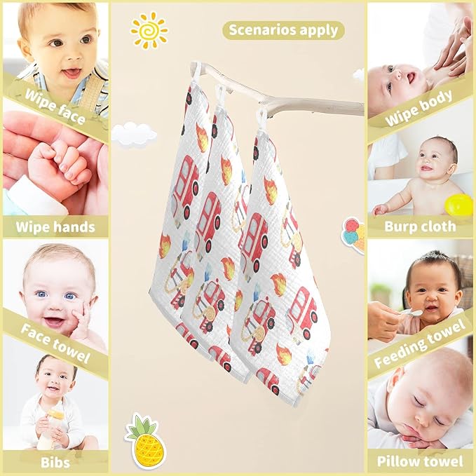 vvfelixl Baby Muslin Washcloths, Fire Department Funny Cars Baby Burp Cloths, Cotton Baby Face Towel for Newborn Infants Boys Girls Soft and Absorbent 11.8 X 11.8 in, 3 Pack