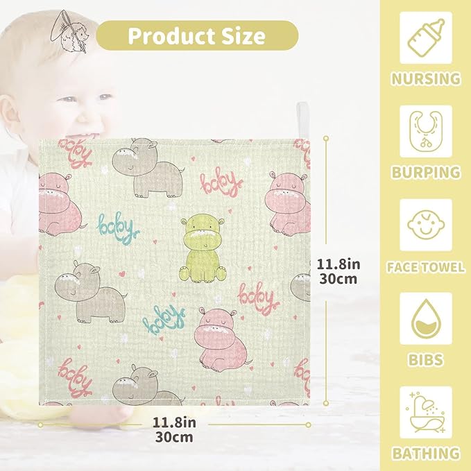 vvfelixl Cotton Cute Hippo Baby Muslin Washcloths Soft Face Towel for Newborns, 11.8 X 11.8 Inch, 5 Pack Beige