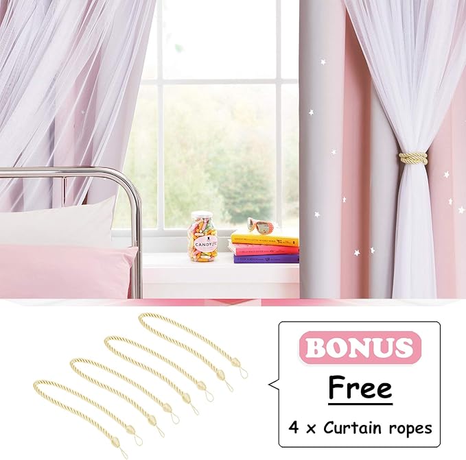NICETOWN Kids Curtains for 84 inches Long, Baby Room Decor, Thermal Insulated Stylish White Sheer x Twinkle Star Blackout Drapes for Boy's, Girls Nursery (2 Pieces, Pink & Grey, Tie Backs Included)