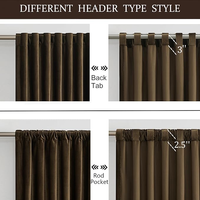 PRIMROSE 100% Full Blackout Brown Velvet Curtains 96 inch Long for Living Room,Set of 2 Liner Rod Pocket Back Tab Thermal Window Curtains Room Darkening Heavy Decorative Curtains Drapes for Bedroom