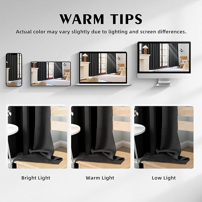 100% Blackout Curtains 72 Inch Length for Bedroom Living Room, Grommet Thermal Insulated Room Darkening Drapes, Light Blocking Window Treatment Decor, 2 Panels, 37x72, Black