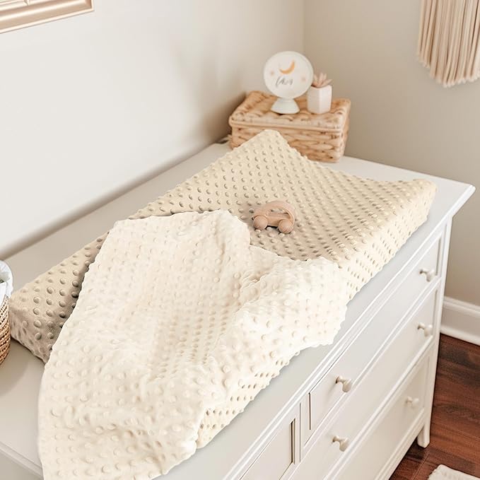 Susurration Changing Pad Covers 2Pack Minky Dots Plush Diaper Change Table Covers 33x17x7in Ultra Soft Changing Pad Sheets for Unisex Baby Girls Boys (Brown&Cream)