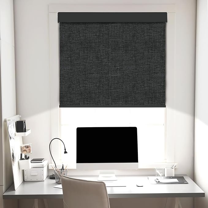 100% Blackout Roller Shades, Free-Stop Cordless Roller Blinds for Windows, Thermal Insulated Linen Fabric Window Shades UV Protection for Home, Door, Deep Grey, 37.5" W x 72" H