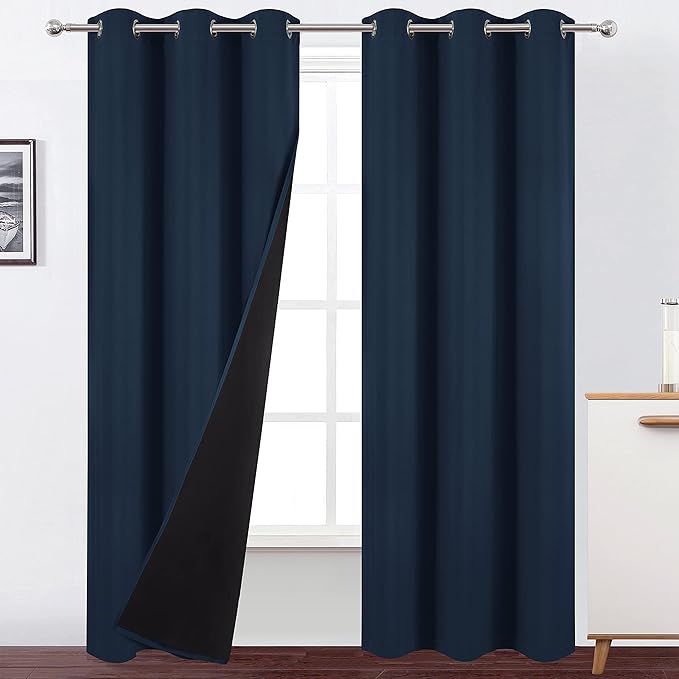 LEMOMO 100% Blackout Curtains 40 x 84 Inch/Navy Blue Curtains 2 Panels with Black Lining Room Darkening Thermal Insulated Bedroom Curtains