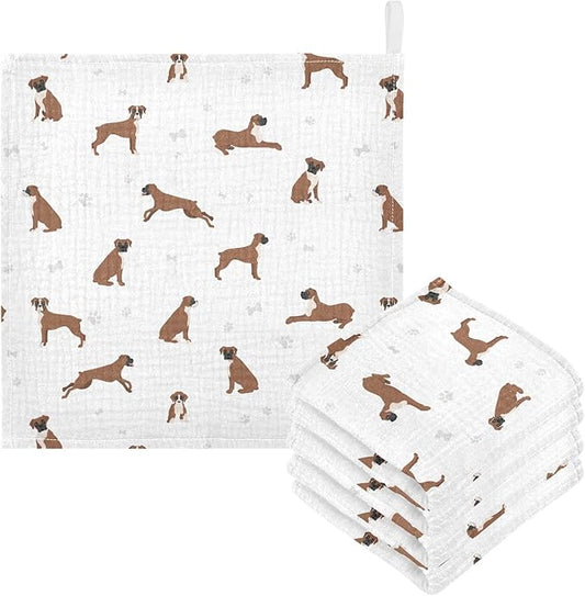 vvfelixl Baby Cotton Washcloths Boxer Dog Infants Bath Towel for Unisex Puppy Face Towels for Newborn, Natural Baby Wipes Delicate Skin, 11.8 X 11.8 inch, one sizex5