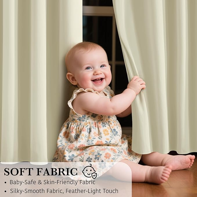 RYB HOME 100% Blackout Beige Curtains for Living Room, Heat Blocking Energy Efficient Farmhouse Window Drapes for Bedroom Nursery, 52 inches Wide by 84 inches Long, Light Beige, 2 Panels
