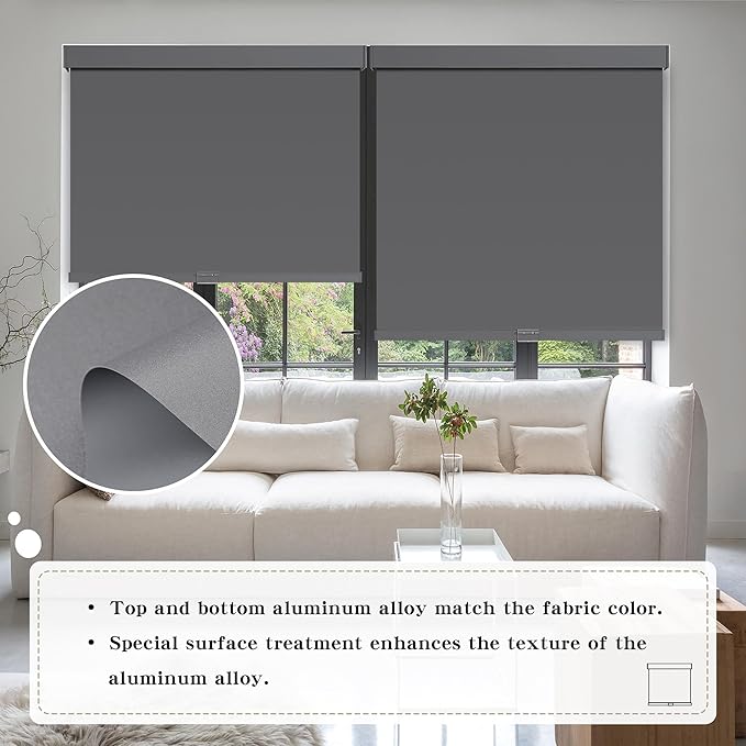 Cordless Blackout Roller Shades Blinds for Windows Free-Stop,Pull Down Room Darkening with Valance,Thermal Insulated Woven Fabric Window Door Blinds for Home,Office,Grey 44" W x 72" L