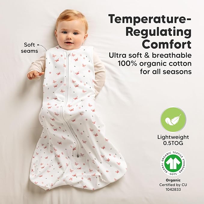 2-Pack Baby Sleep Sacks,Zipper Wearable Blanket - 0.5TOG Organic Cotton,Lightweight,Soft Cozy Toddler Sleeping Sack 12-24 months,Easy to Wear Large Newborn Transition Swaddles Sleepsacks (Butterflies)