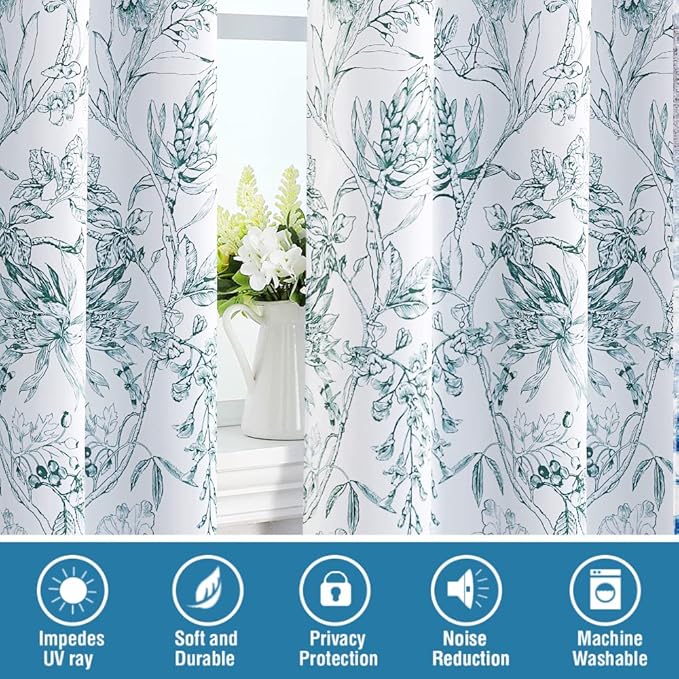 H.VERSAILTEX 100% Blackout Curtains for Living Room Camellia Floral Blackout Curtains 108 Inches Long Light Blocking Window Treatment Curtains with Black Liner Grommet Thermal Drapes, 2 Panels, Teal