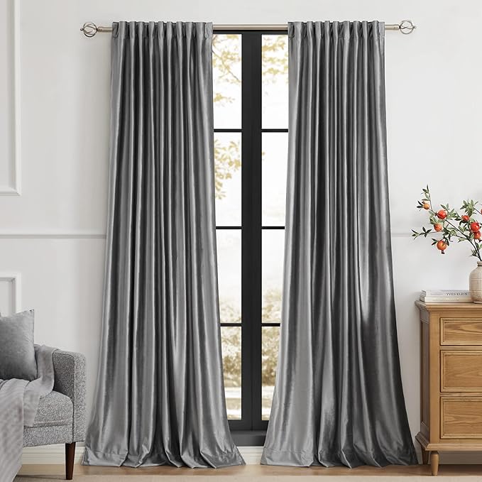PRIMROSE 100% Blackout Grey Velvet Curtains Drapes 63 inch Long for Living Room,Set of 2 Panels Liner Rod Pocket Back Tab Thermal Window Curtains Room Darkening Heavy Decorative Curtains for Bedroom