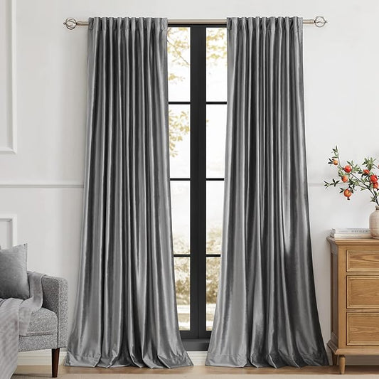PRIMROSE Dark Grey Velvet Curtains 108 inch Long for Living Room,Set of 2 Panels Blackout Rod Pocket Back Tab Window Treatment Room Darkening Heavy Decorative Curtains Drapes for Bedroom