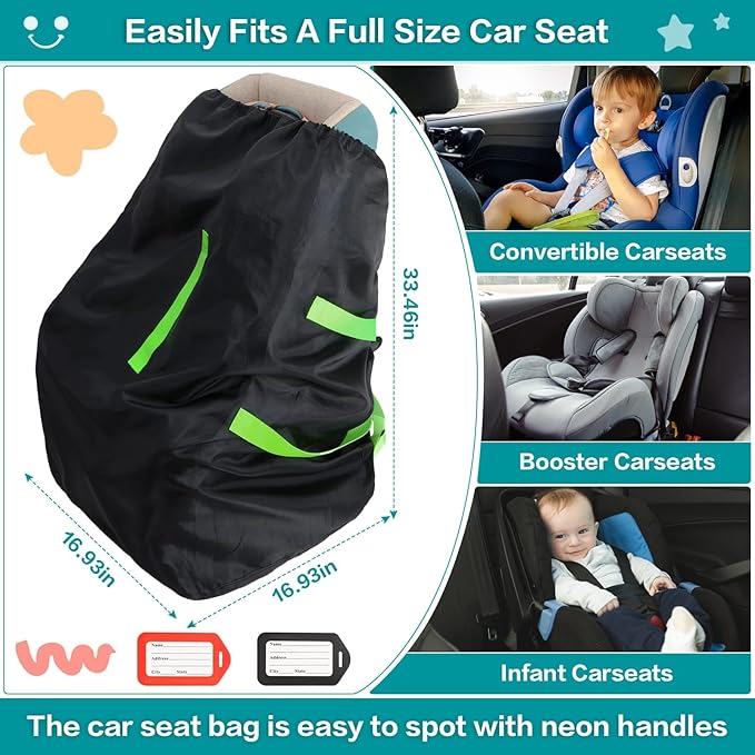 Waterproof Car Seat Bags For Airplane Travel, Durable Carseat Cover For Air Travel Car Seat Travel Bag with Shoulder Straps and 2pcs Luggage Tags For Airplane