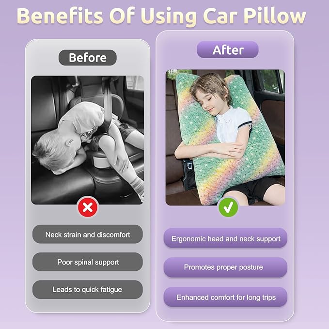 Car Pillow for Kids, Travel Pillow with Adjustable Strap, Kids Floor Pillows Cushions for Adults and Children to Support Head and Body Road Trip Essentials (Green)