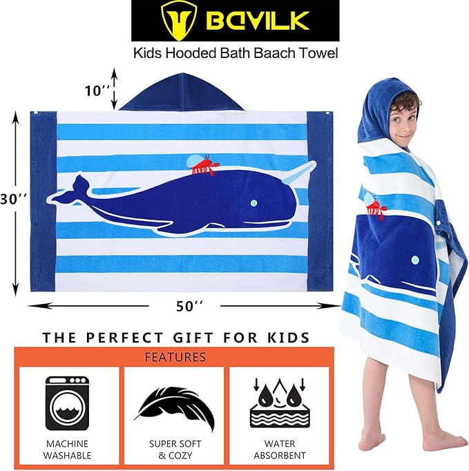 Kids Bath Towels, Kids Towel Girls Boys Hooded Beach,Bathroom,Pool Swim Towels 30 × 50 INCH Large Size Ultra Absorbent Cute Cartoon Animal Full Vitality 100% Cotton Wearable Wrap for Child