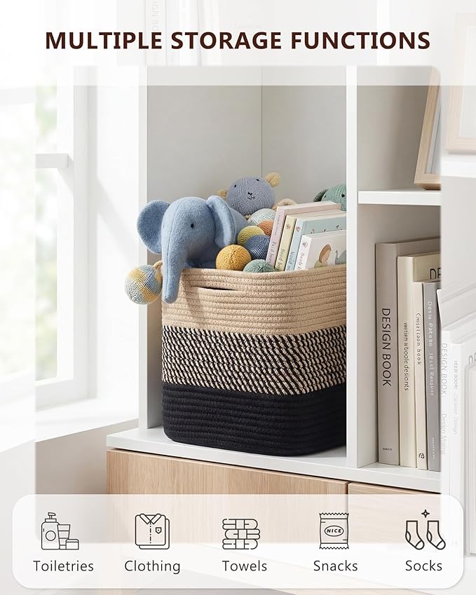Cube Storage Bin 11" x 10.5" x 10.5" Cotton Rope Basket Square Woven Storage Basket for Shelves, Closet Organizer, Soft Towel Sock Basket, Gradient/Black Brown, 2 Pack