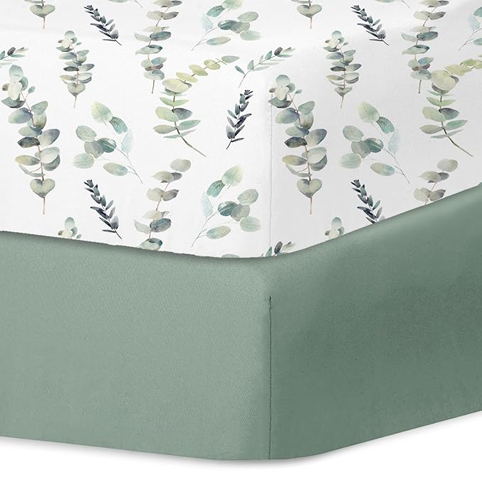 Little Grape Land Pack and Play Sheets Mini Crib Sheets Soft Breathable Pack N Play Sheets, Playard Fitted Sheet 2 Pack Stretchy Fits 38"x26" Playard Mattress, Green Leaves
