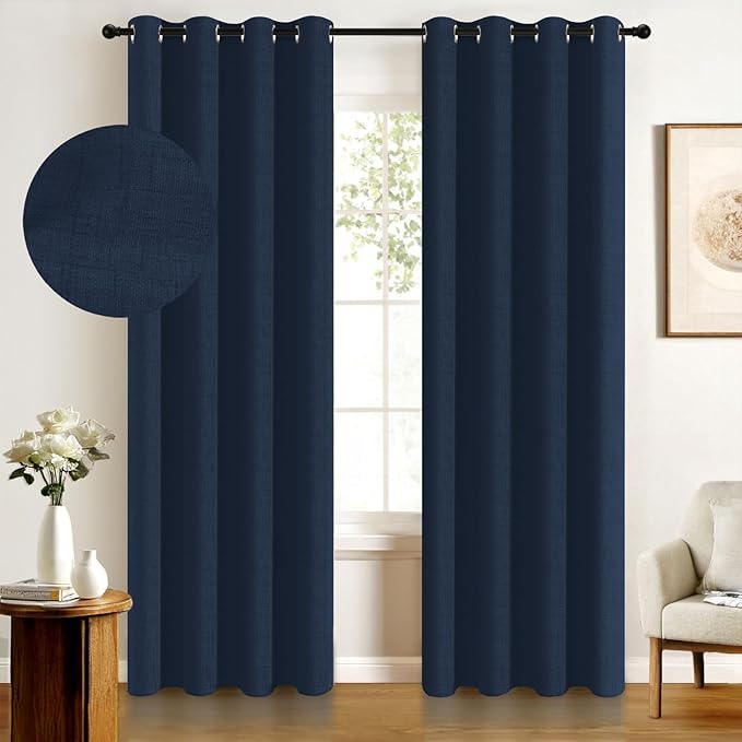 100% Blackout Shield Linen Blackout Curtains for Bedroom, Midnight Blue Grommet Curtains for Living Room, Thermal Insulated Room Darkening Drapes for Nursery, Boho Home Decor, 50" W x 72" L, 2 Panels