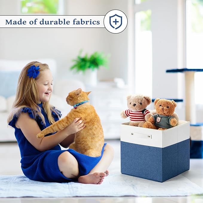 13 x 13 Inch Fine Linen Storage Bins with Handles，Fabric Cube Boxs，Basket Organizers for Shelves for Home, Closet Drawers (White/Blue-4 Pack)