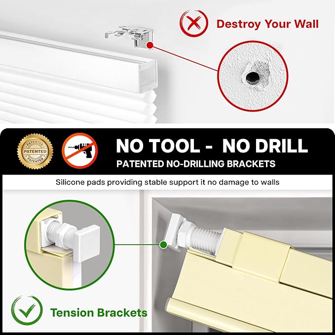 LazBlinds Cordless Cellular Shades, No Tools No Drill Light Filtering Honeycomb Shades Pleated Blinds for Windows, 36'' W x 64'' H, Alabaster