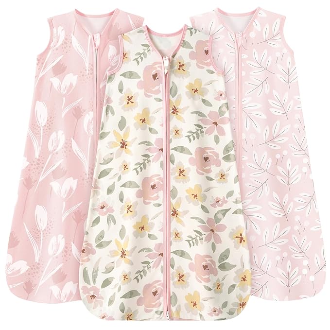 Unnivoll Baby Sleep Sack 18-24 Months 3 Pack 100% Cotton Lightweight 0.5 TOG Wearable Blanket Baby Sleep Bag with 2-Way Zipper for Newborn Infant Pink Flowers & Leaf
