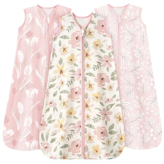 Unnivoll Baby Sleep Sack 18-24 Months 3 Pack 100% Cotton Lightweight 0.5 TOG Wearable Blanket Baby Sleep Bag with 2-Way Zipper for Newborn Infant Pink Flowers & Leaf