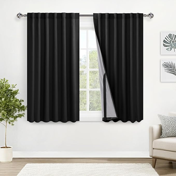XWZO 100% Blackout Curtains with Tiebacks- Rod Pocket & Back Tab, Thermal Insulated Double Layer Window Drapes with Black Liner for Bedroom/Living Room, Black, W52 x L45 Inches Long, Set of 2