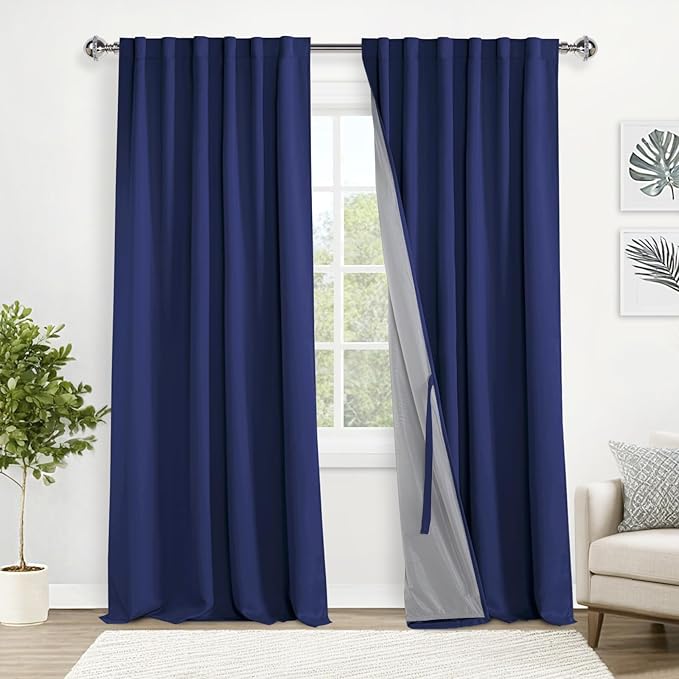 XWZO 100% Blackout Curtains with Tiebacks- Thermal Insulated, Noise Reducing and Heat Blocking Rod Pocket & Back Tab Drapes for Hall and Studio Windows, Navy Blue, W52 x L95, Set of 2