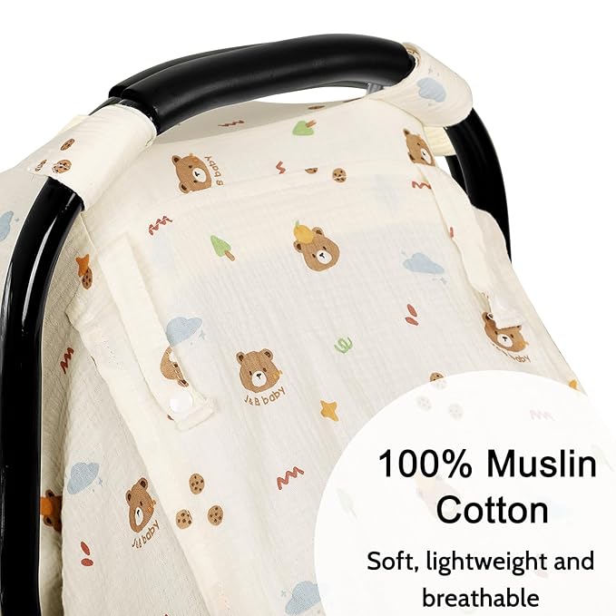 Hooyax Muslin Car Seat Cover Baby - Breathable and Privacy Car Seat Canopy with 3 Modes - Easy Install & Gift Box Packaging, Universal Fit for Infant Car Seats, Bear