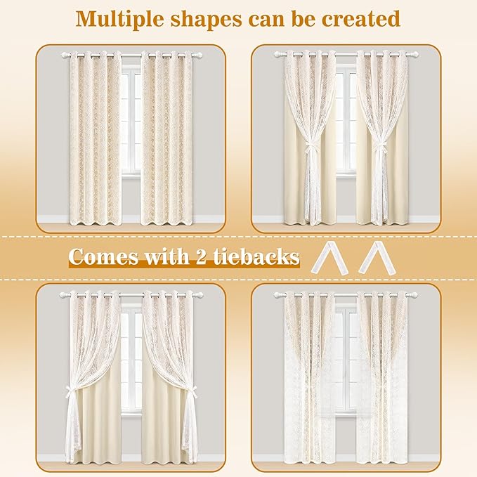 Yinhua Blackout Curtains for Bedroom Double Layer Beige Curtains for Living Room 84 Inches Long Nursery Curtain with Tiebacks, Thermal Insulation Grommet Drapes for Toddler, 52" W x 84" L