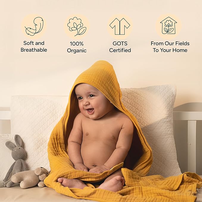 Hands-Free Hooded Towel - 100% Organic Premium Muslin Cotton, 30" x 30", Ultra-Absorbent, Soft, Breathable, Hypoallergenic, Multipurpose, Gifts for Babies & Infants, Pack of 2